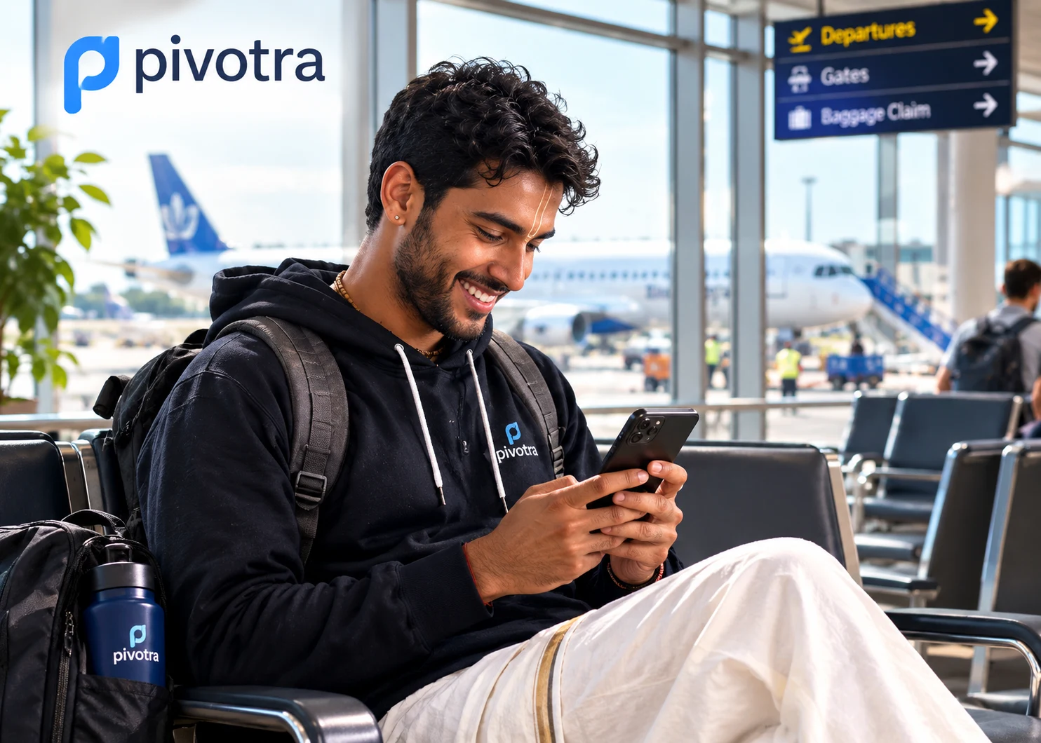 Traveler checking his phone for community updates while waiting at the airport