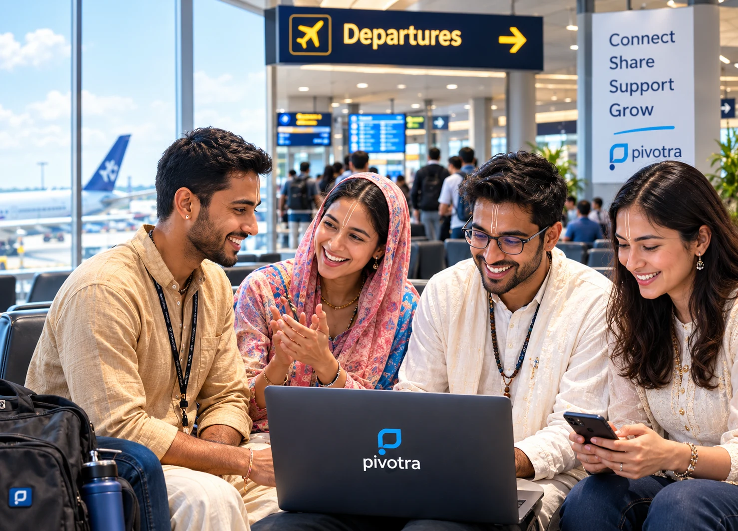 A small group of friends laughing together over a laptop and phones in an airport lounge