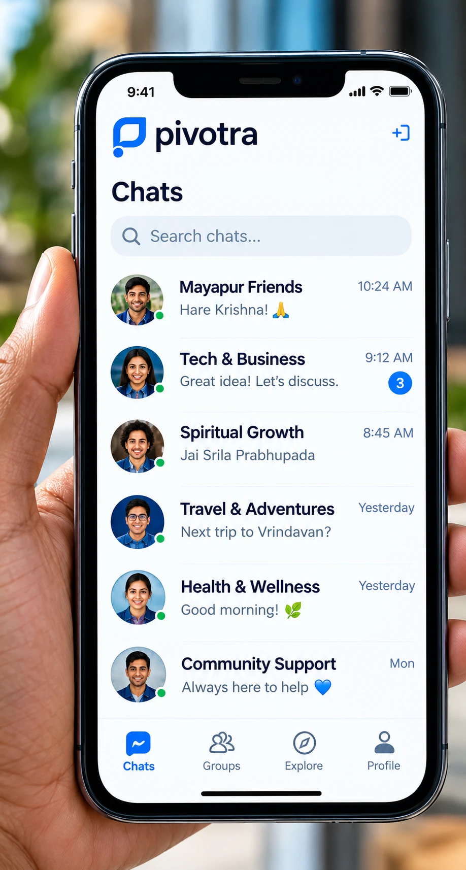 Phone screenshot of the Pivotra chat interface showing group messages from community members
