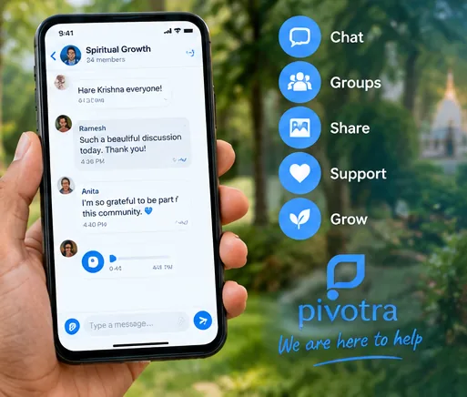 Phone screenshot showing Pivotra's Chat, Groups, Share, Support, and Grow features