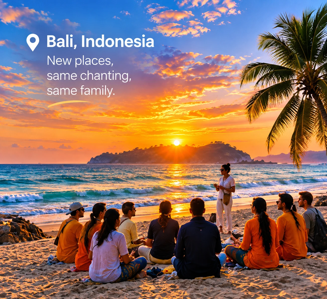 A large community group sitting together on a beach at sunset in Bali, Indonesia