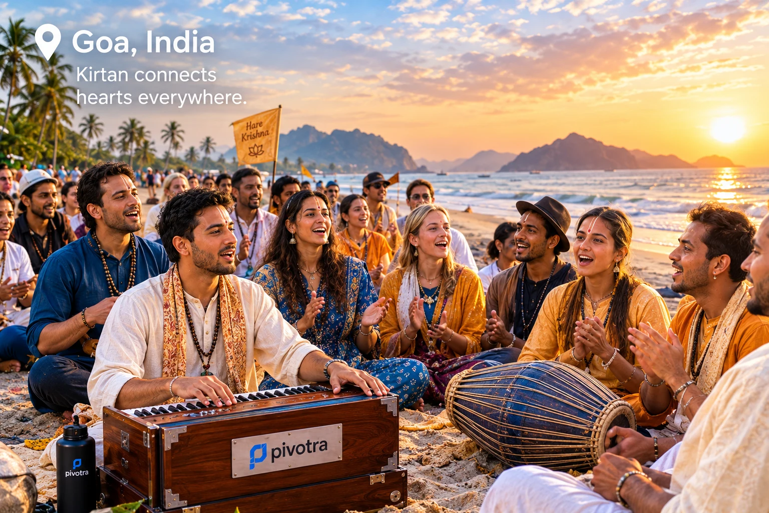 A community gathering for music and kirtan on a beach in Goa, India at sunset