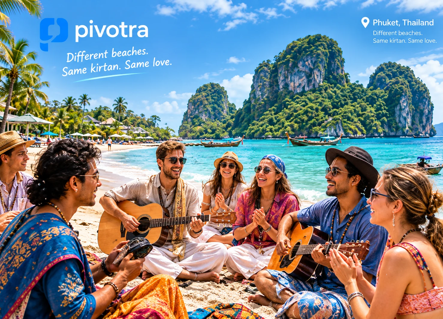 A community group playing music and singing together on a beach in Phuket, Thailand