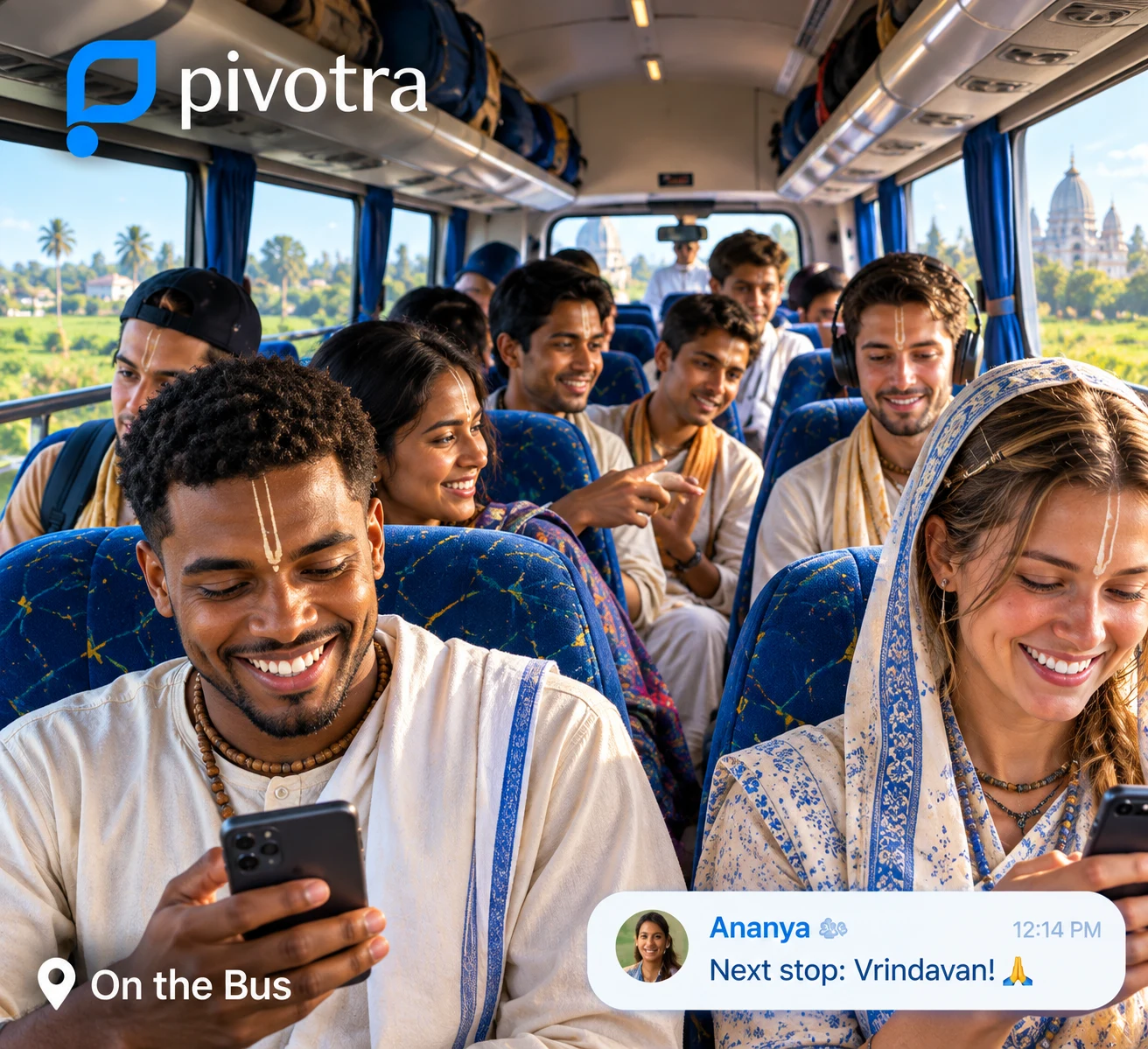 A group of friends chatting on their phones together while riding a bus, staying connected to their community