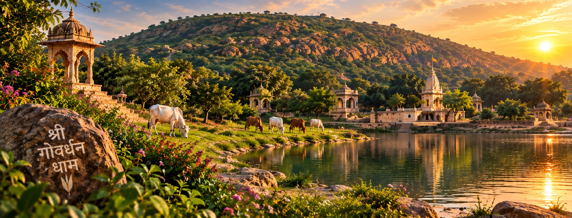Govardhan Hill at sunset in Vrindavan, with temples, grazing cows, and a sacred lake