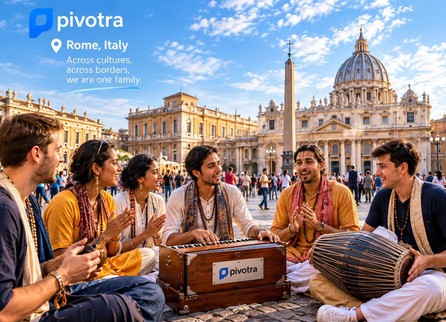 Friends from a shared community sitting together in a historic piazza in Rome, Italy