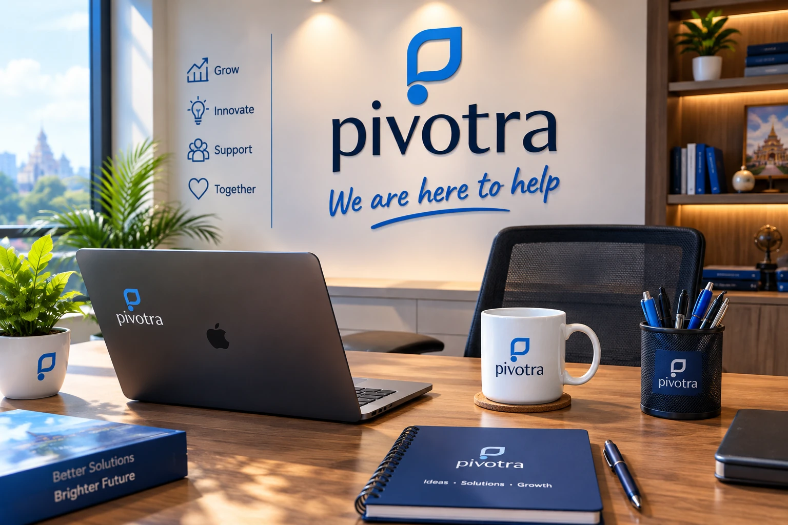 The Pivotra team's office desk with a laptop, notebook, and branded mug