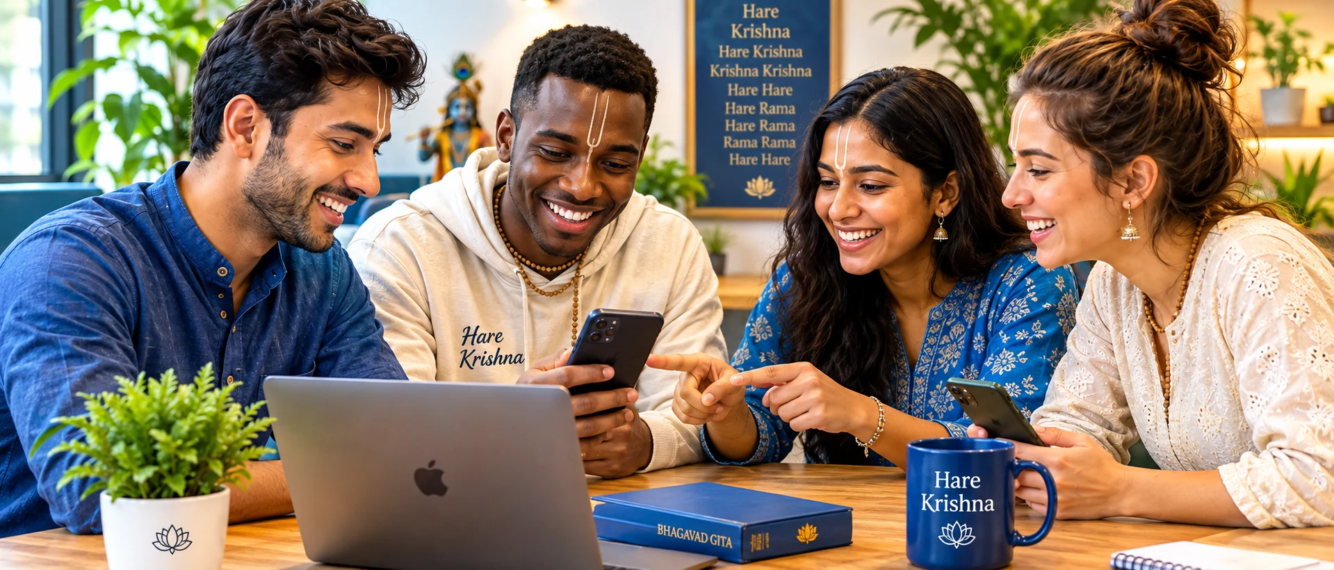 Four community members smiling together while looking at a laptop and phone, chatting and collaborating